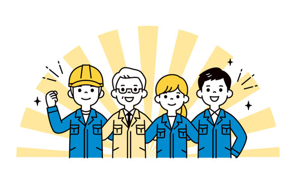 肩を組んでチームワークで頑張る、社長と社員・作業員・従業員の上半身ベクターイラスト素材