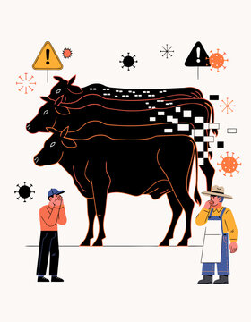 Conceptual flat vector illustration showing two farmers observing three silhouetted cows with digital elements and warning signs during Foot-and-mouth disease (FMD) in a stylized agricultural setting