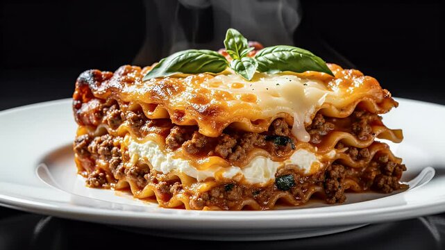 A close-up shot showcases a steaming, layered lasagna garnished with fresh basil, presented on a white plate against a dark background.