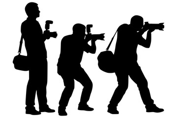 Naklejka premium Three photographers silhouettes in different shooting poses with DSLR cameras, flash and camera bags, professional paparazzi crew bold black flat illustration isolated on background