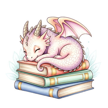 Cute baby dragon sleeping peacefully on a stack of colorful books.