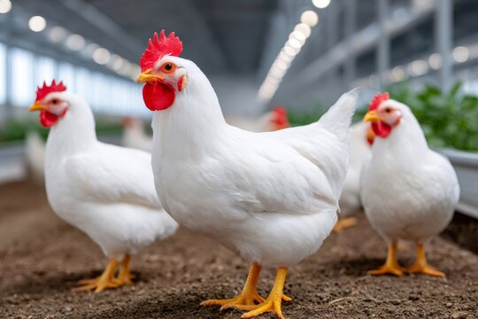 White broiler chickens standing in indoor poultry farm