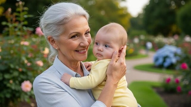Senior grandmother holding infant baby in a blooming rose garden, intergenerational bonding outdoors