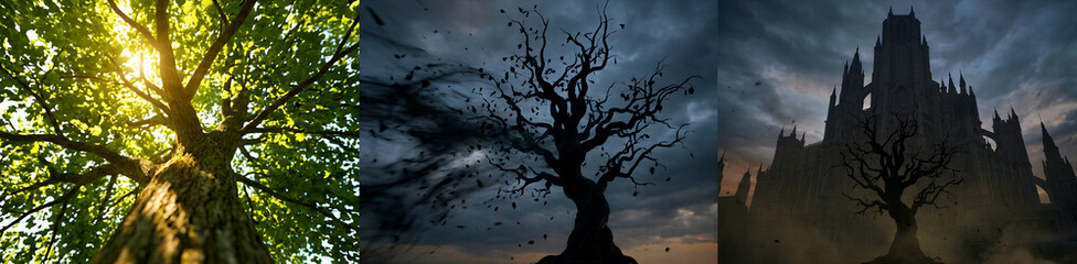 Fototapeta premium A compelling triptych artfully capturing the profound evolution of a tree, from a vibrant, sun-drenched green canopy symbolizing life and growth, to a dramatic, gnarled silhouette amidst shadowy,