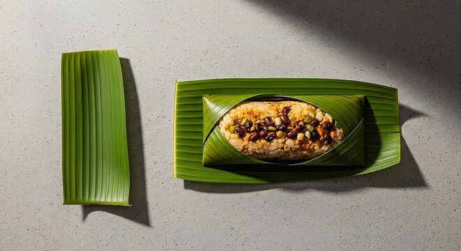 Koki, a steamed black-eyed bean cake seasoned with palm oil and spices, wrapped and presented on a fresh banana leaf over a textured grey stone surface.