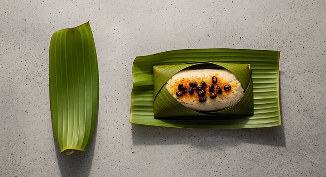 Koki, a steamed black-eyed bean cake seasoned with palm oil and spices, wrapped and presented on a fresh banana leaf over a textured grey stone surface.