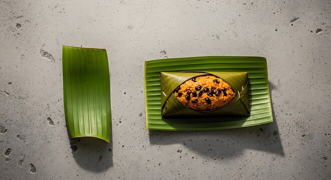 Koki, a steamed black-eyed bean cake seasoned with palm oil and spices, wrapped and presented on a fresh banana leaf over a textured grey stone surface.