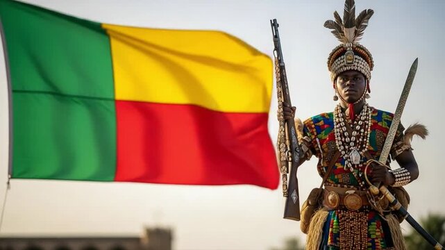Beninese Man in Traditional Dahomey Warrior Attire with National Flag and Weapons