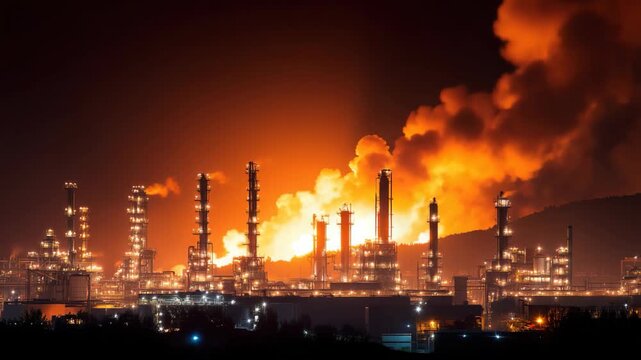Oil refinery factory engulfed in flames with heavy smoke. Intense industrial fire scene symbolizing energy crisis, danger, and environmental impact.