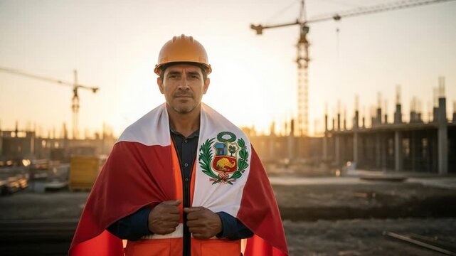 Proud Peruvian male construction worker in hard hat draped in Peru flag at sunset site
