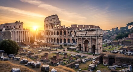 Fototapeta premium Ancient architecture structures colosseum sunset sky historical ruins landscape
