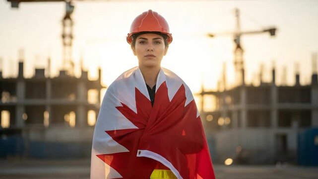 Female Bahraini Civil Engineer in Hard Hat with Bahrain Flag at Construction Site