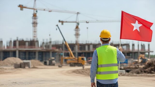 Male construction site safety signalman holding red warning flag near cranes