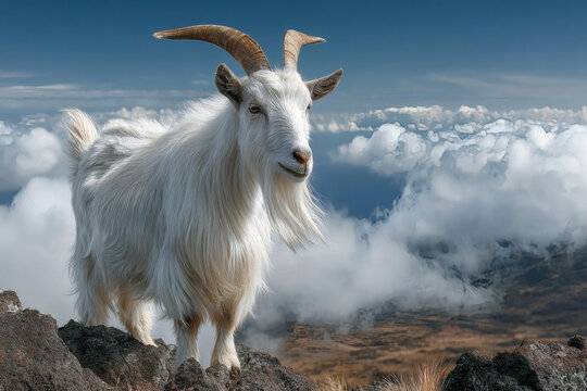 A white goat standing on mountain peak.