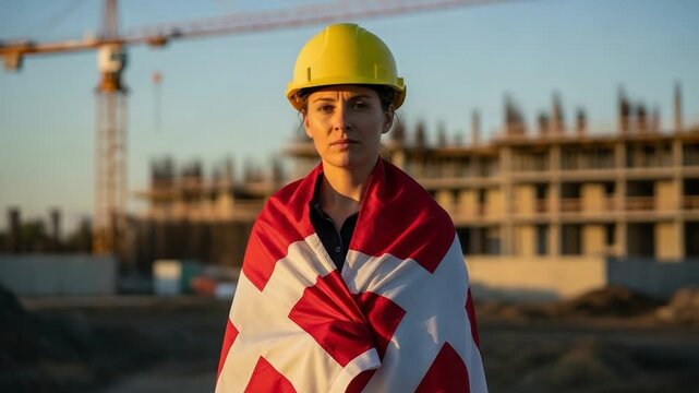 Mid-adult Danish woman engineer in yellow hard hat with flag at construction site