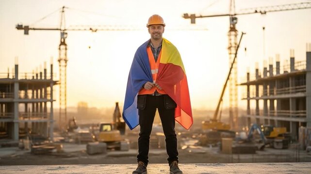 Proud Romanian male construction worker with national flag at sunset building site