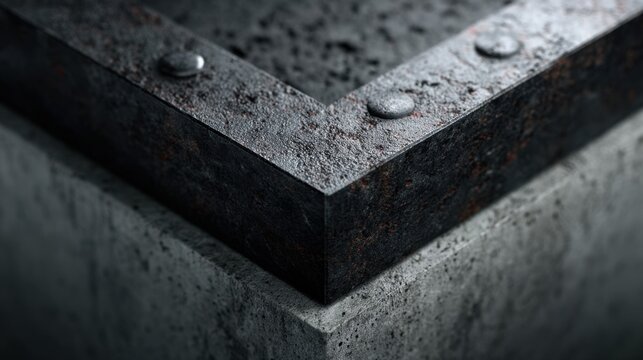 Close-up View of Industrial Corner Metal Joint with Rusty Fasteners on a Concrete Surface