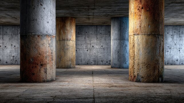 Industrial interior with weathered concrete pillars and textured walls in an underground setting