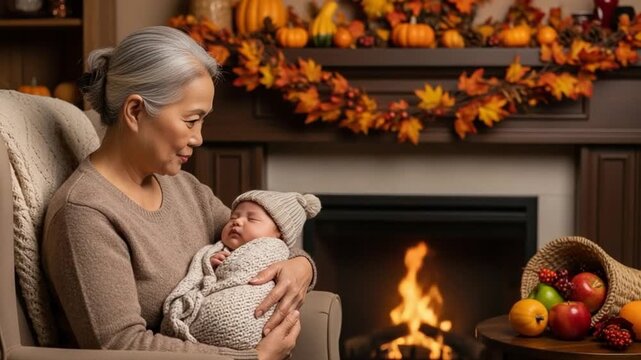 Senior Asian grandmother holding sleeping newborn baby by fireplace during Thanksgiving