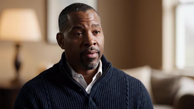 A portrait of a mature African-American man with a thoughtful expression, seemingly engaged in a conversation, captured in a warmly lit indoor setting.