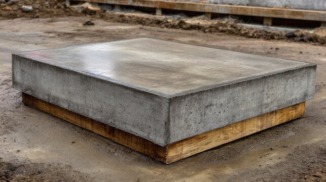 Solid Concrete Foundation Slab on Construction Site with Wooden Support for Future Building Structure Development