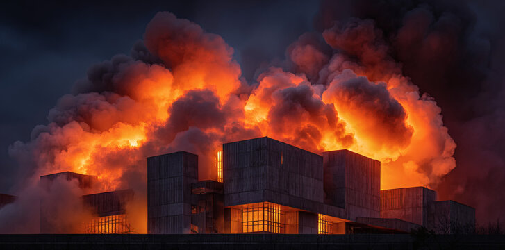 A large building engulfed in flames and smoke at night.