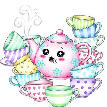 Cute cartoon teapot with smiling face and colorful teacups for tea party.