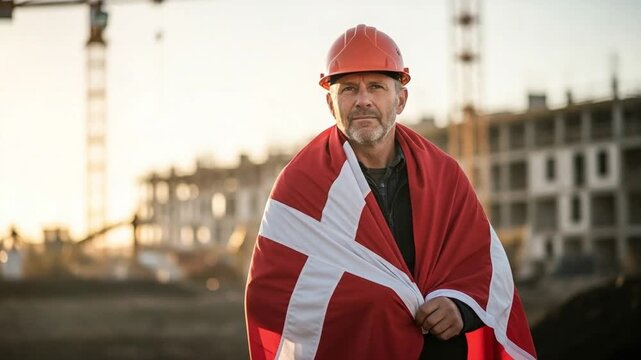 Mature Danish construction worker in orange hard hat wrapped in national flag at building site