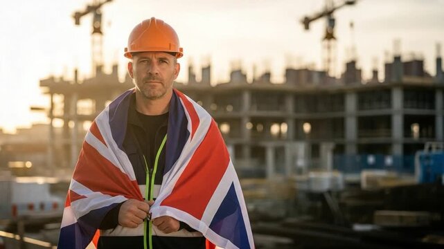 British Construction Worker in Hard Hat with Union Jack Flag at Building Site
