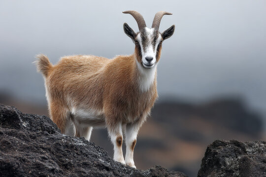 A brown and white mountain goat standing on rocks.