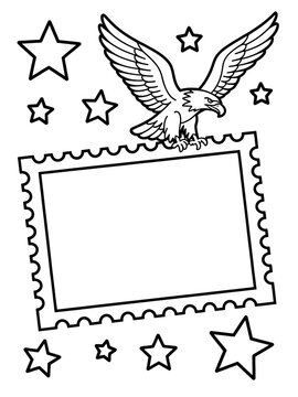 Patriotic Eagle Stamp Coloring Page Outline - Youth Craft Design Template with Stars and Artistic Animal Illustration for Educational and Creative Activities