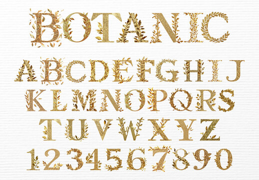 Elegant Gold Botanical Alphabet Design Font Set