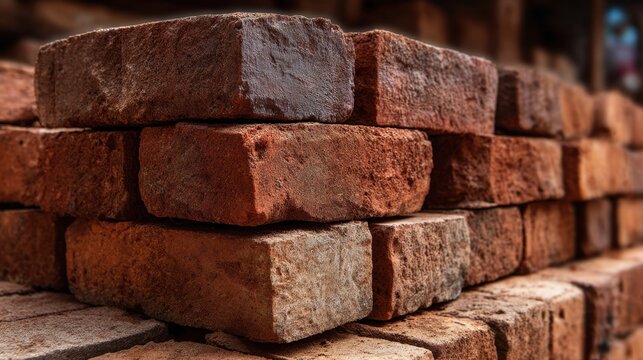 Close-Up of Stacked Red Brick Blocks on a Construction Site with Vivid Textures and Natural Earth Tones
