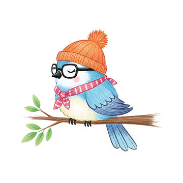 Cute cartoon bluebird wearing glasses, hat, and scarf sitting on a branch.