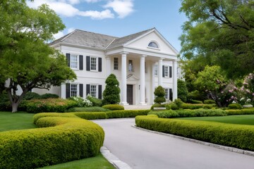 Fototapeta premium White colonial mansion with landscaped garden and driveway