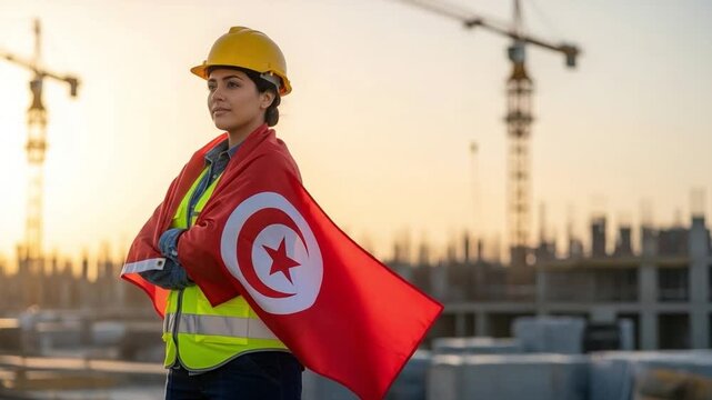 Proud Tunisian Female Civil Engineer Wearing Hard Hat and Flag at Construction Site