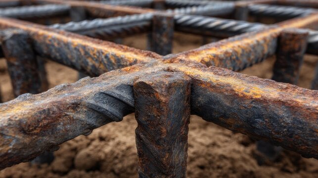 Close-Up View of Rusty Steel Rebar Grids Used in Construction and Structural Support Foundations