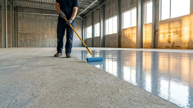 Industrial worker applying epoxy coating, blue paint roller on concrete, spreading floor sealant, large warehouse interior, construction site
