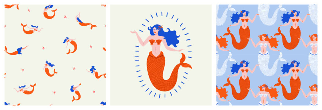 Vintage mermaid seamless pattern illustration set. Colorful style sea mermaids cartoon background. Summer vacation surface print design.