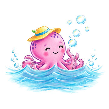 Cute cartoon octopus wearing a yellow hat and smiling in the ocean water with bubbles.