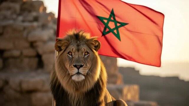 Majestic Barbary Lion with Moroccan Flag, Atlas Mountains National Symbol, North African Heritage