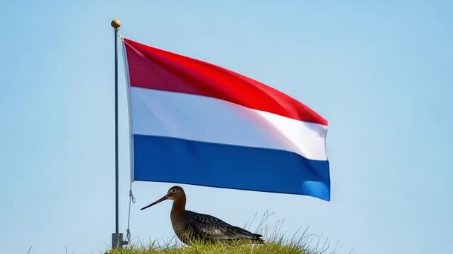 Black-tailed Godwit National Bird of Netherlands with Dutch Flag, Wildlife Conservation