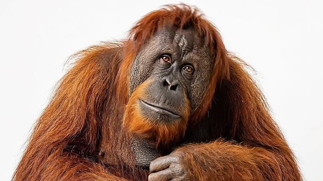 Thoughtful Orangutan Scratching Chin on White Background