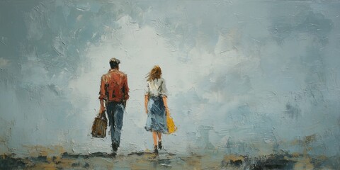 Fototapeta premium oil painting of two adults walking side by side at a visible distance from each other