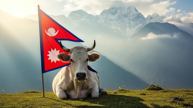 Sacred white cow resting on mountain meadow with national flag and snowy peaks
