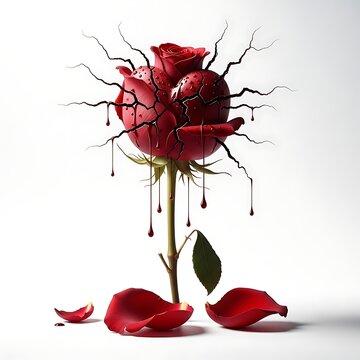 Cracked red rose bleeding dark liquid with scattered petals cracked rose bleeding rose dripping desi