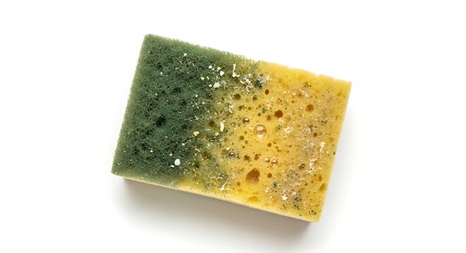 Close up of a used cleaning sponge on a white background