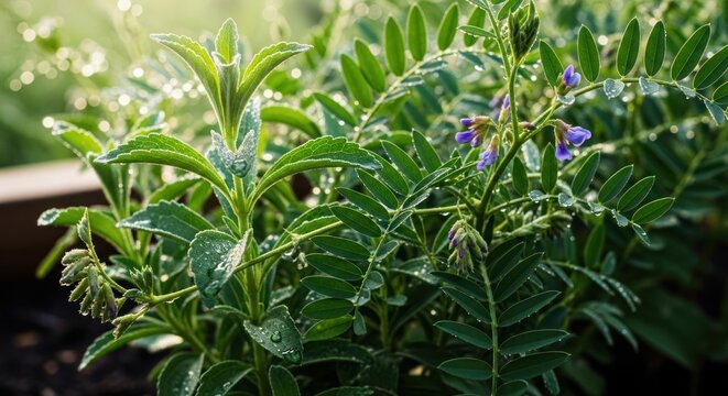 Close-up of a healthy chickpea plant with dew drops in the morning sun.