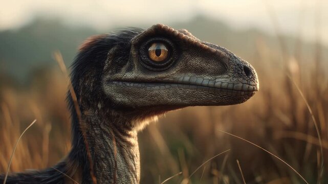 Velociraptor in Nature: A curious Velociraptor gazes into the distance. Captured within a natural outdoor setting, it presents a compelling portrait of prehistoric life.