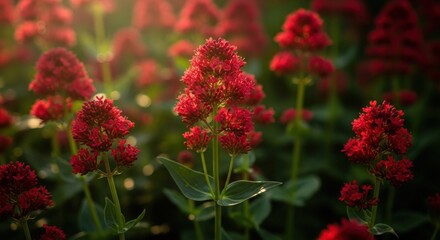 Obraz premium Close-up of Vibrant Red Flowers in Soft Sunlight.